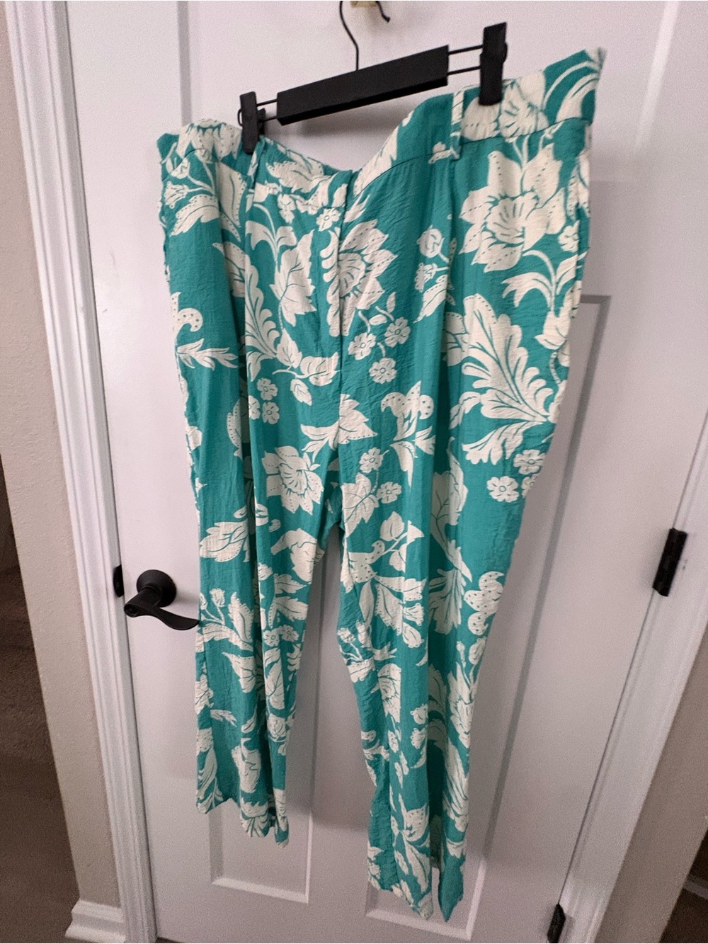 MANGO Women's Floral Print Straight Leg Pants - Teal/White - High Waist plus, 18